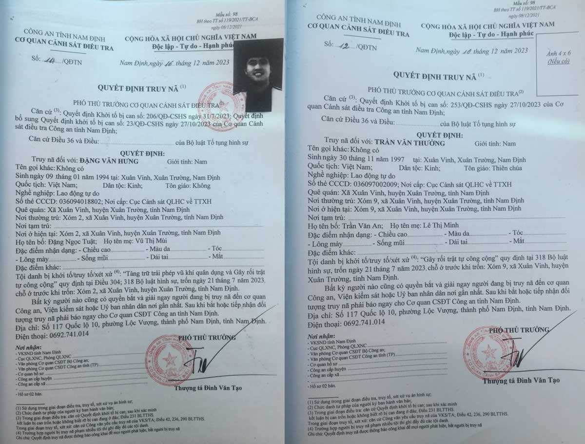 Quyết định truy nã 2 đối tượng Đặng Văn Hưng, Trần Văn Thưởng. Ảnh: Công an tỉnh Nam Định