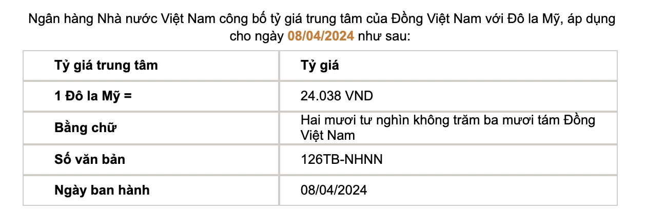 Tỷ giá trung tâm do Ngân hàng Nhà nước công bố. Ảnh chụp màn hình