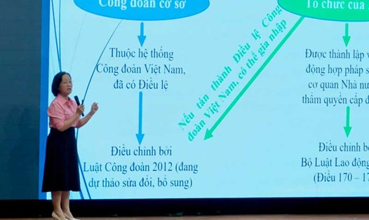 Bà Đinh Thị Thanh Hà, Phó Chủ tịch LĐLĐ thành phố Đà Nẵng trình bày kỹ năng, nghiệp vụ hoạt động cho cán bộ Công đoàn cơ sở. Ảnh: Hoài Thương