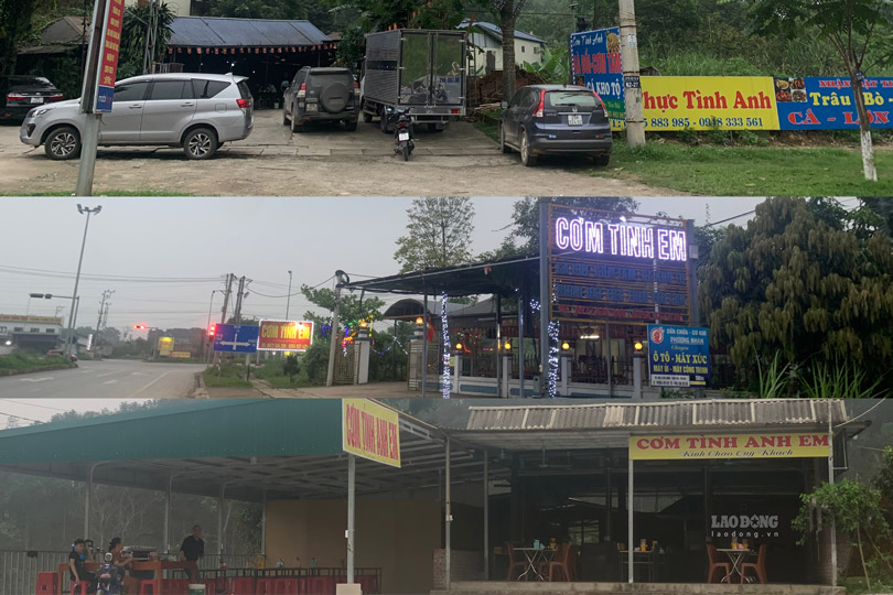 Cả 3 quán cơm Tình Anh, Tình Em, Tình Anh Em cùng nằm trên đường Âu Cơ, xã Bảo Hưng, huyện Trấn Yên, tỉnh Yên Bái. Ảnh: Hồng Nguyên