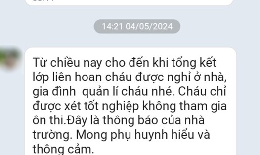 Tin nhắn của giáo viên chủ nhiệm lớp 9C Trường THCS Nghi Quang gửi cho một phụ huynh. Ảnh: Quang Đại