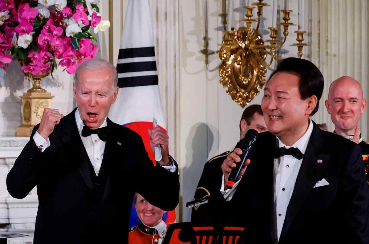 Tổng thống Mỹ Joe Biden trong buổi quốc yến thết đãi Tổng thống Hàn Quốc Yoon Suk Yeol nhân chuyến thăm chính thức cấp nhà nước tới Mỹ, ngày 26.4.2023. Ảnh: Xinhua