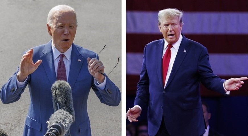 Ông Donald Trump (phải) đang dẫn trước ông Joe Biden tại 5 bang chiến trường. Ảnh: Xinhua