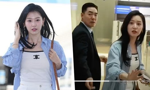 Vệ sĩ của Kim Soo Hyun kề cận Kim Ji Won ở sân bay. Ảnh: Chụp màn hình.