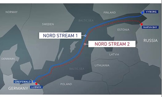 Bản đồ đường ống dẫn khí Nord Stream 1 và Nord Stream 2. Ảnh: Bộ Kinh tế và Hành động Khí hậu Liên bang Đức
