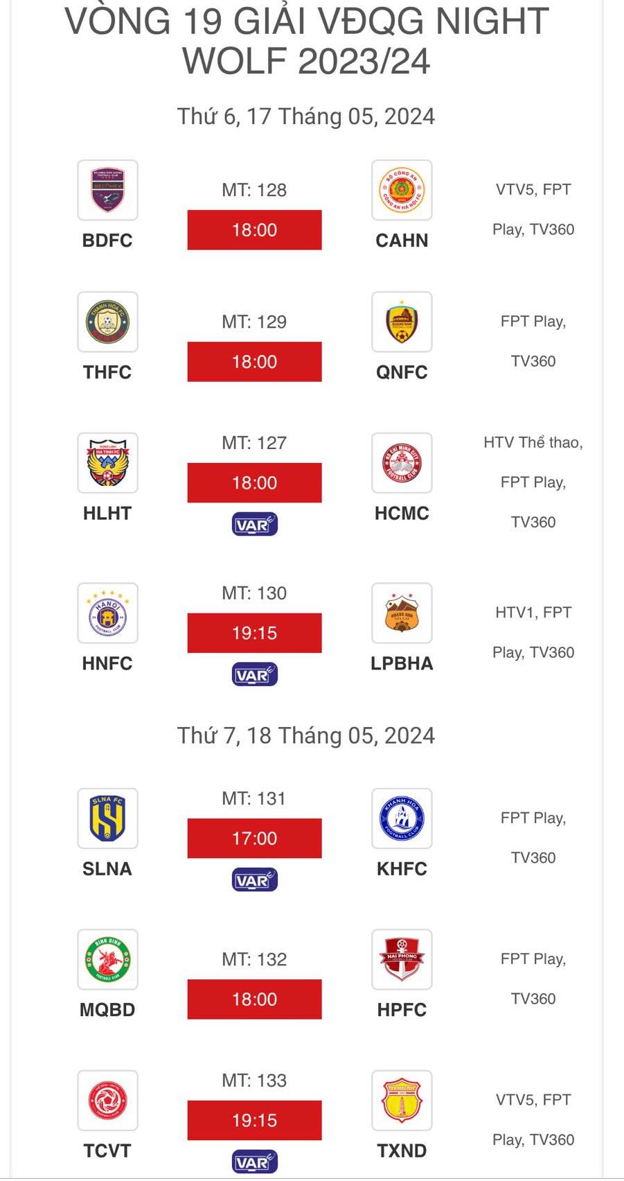 Lịch thi đấu vòng 19 V.League 2023-2024.