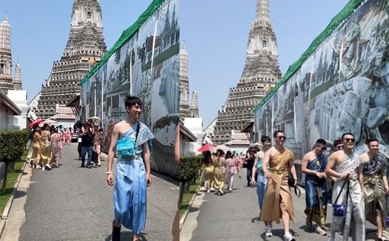Việc du khách nam mặc trang phục nữ khi đi chùa nhận được nhiều phản ứng tích cực. Ảnh: TikTok Krumaywa