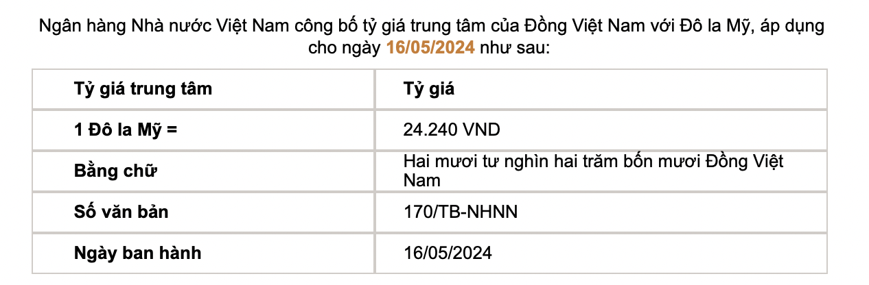 Tỷ giá trung tâm được Ngân hàng Nhà nước công bố. Ảnh chụp màn hình