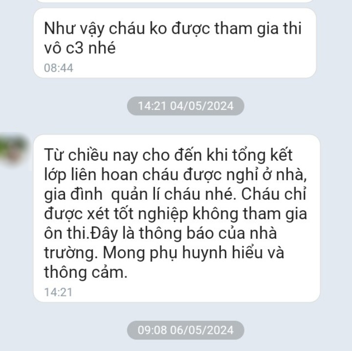 Tin nhắn của giáo viên chủ nhiệm lớp 9C Trường THCS Nghi Quang gửi cho một phụ huynh. Ảnh: Quang Đại