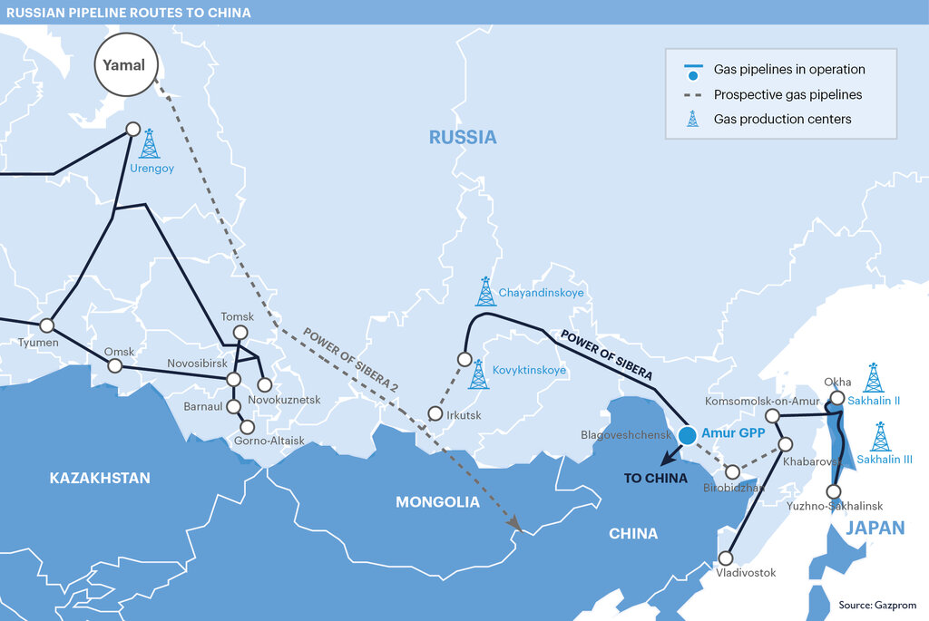 Bản đồ đường ống dẫn khí Sức mạnh Siberia và đường ống Sức mạnh Siberia 2. Ảnh chụp màn hình ICIS