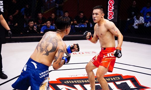 Đinh Quốc Dũng (đỏ) thắng tính điểm Trần Ngọc Lâm hạng 60kg ở MMA LION Championship 13. Ảnh: MMA

