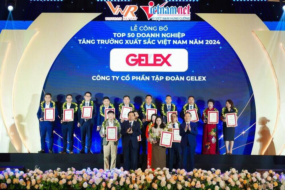 Bà Nguyễn Hồng Nhung - Giám đốc Truyền thông CTCP Tập đoàn GELEX nhận cúp và chứng nhận Top 50 Vietnam Best Growth. Ảnh: GELEX