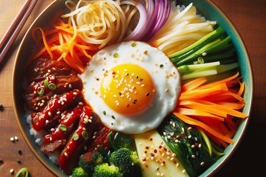 Cơm trộn bibimbap là món ăn giàu dinh dưỡng. Ảnh: AI -  Ngọc Thùy