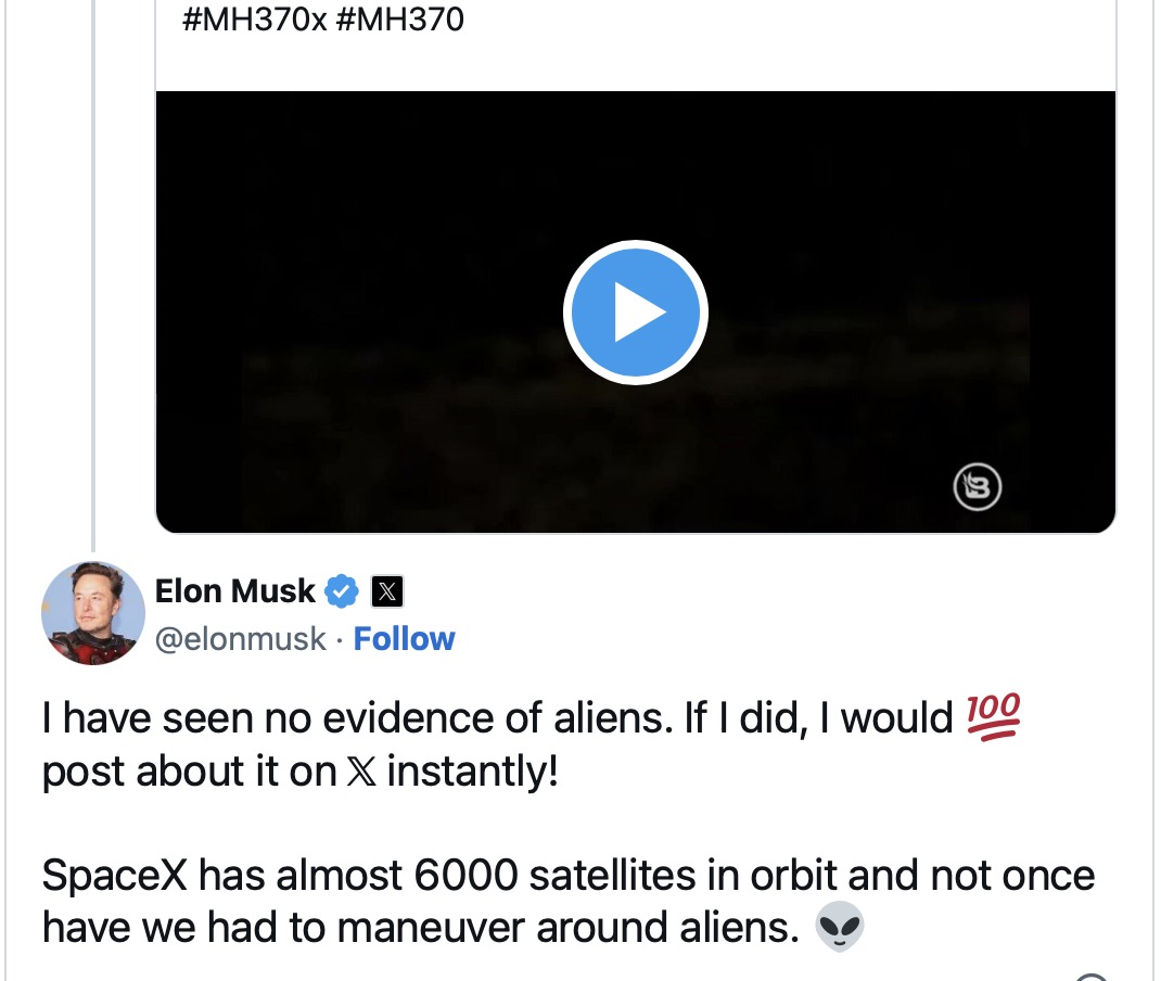 Bài đăng của Elon Musk về máy bay mất tích MH370. Ảnh chụp màn hình