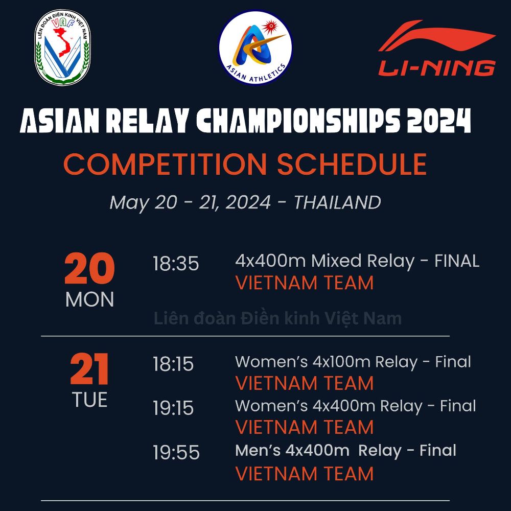 Lịch thi đấu giải tiếp sức vô địch châu Á 2024. Ảnh: Liên đoàn điền kinh Việt Nam