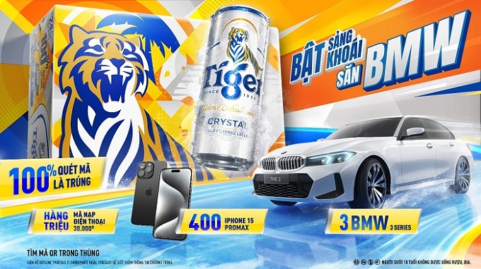 Cơ hội sở hữu xe BMW 3 Series đẳng cấp cùng hàng triệu giải thưởng nằm bên trong thùng bia 24 lon Tiger Crystal 330ml. Ảnh: Tiger Crystal