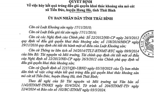 Quyết định của UBND tỉnh Thái Bình về việc hủy kết quả trúng đấu giá quyền khai thác mỏ cát tại xã Tiến Đức, huyện Hưng Hà.