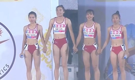 Tổ tiếp sức 4x400m nữ của điền kinh Việt Nam giành huy chương vàng giải tiếp sức vô địch châu Á 2024. Ảnh cắt từ video