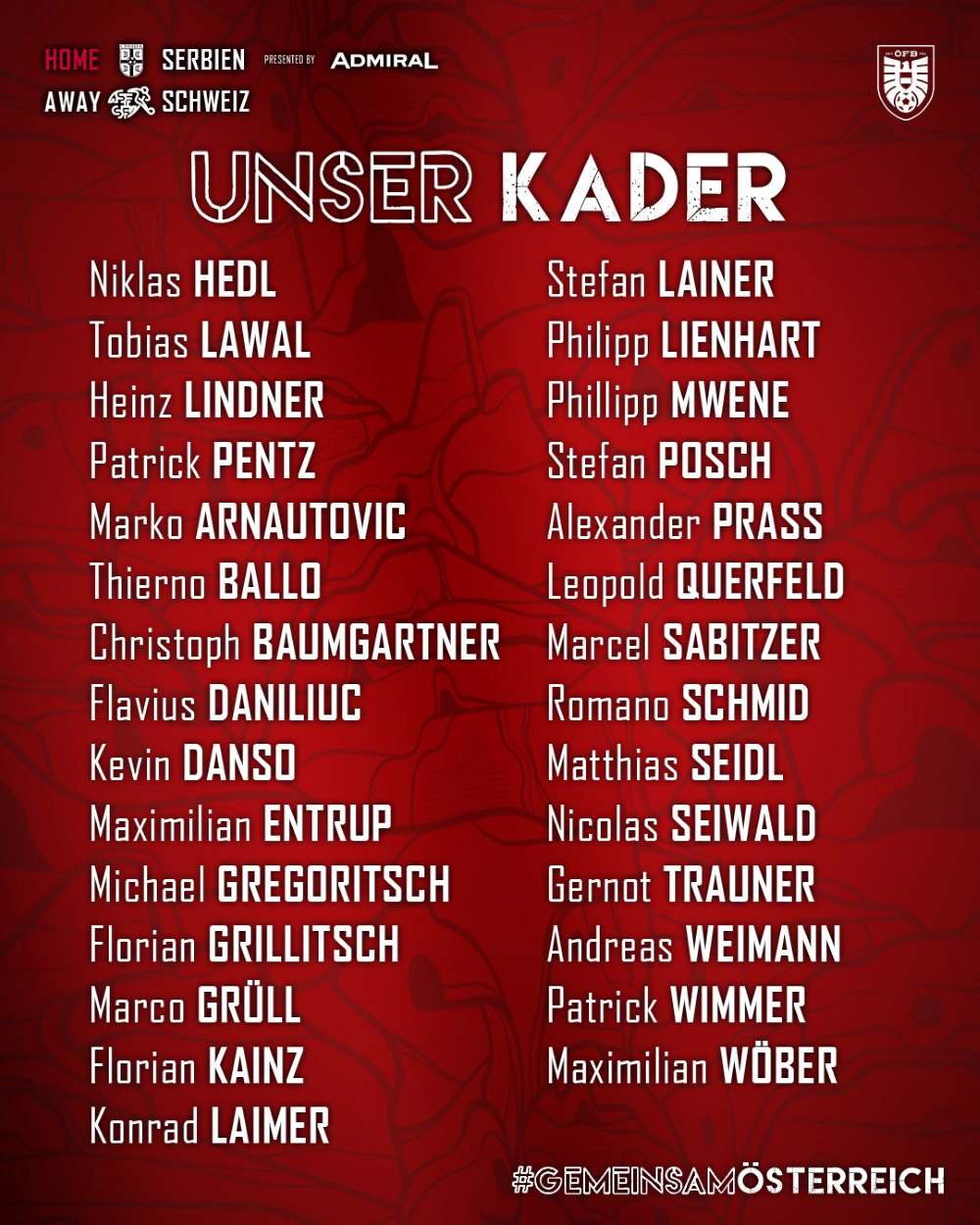 29 cầu thủ tuyển Áo trong danh sách sơ bộ. Ảnh: LĐBĐ Áo