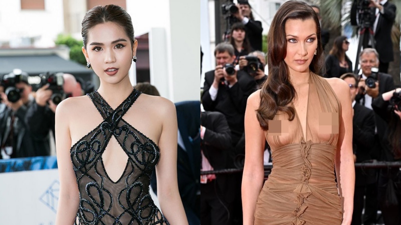 Ngọc Trinh và Bella Hadid đều gây chú ý tại Cannes vì mặc váy xuyên thấu. Ảnh: Tony Đinh, Instagram.