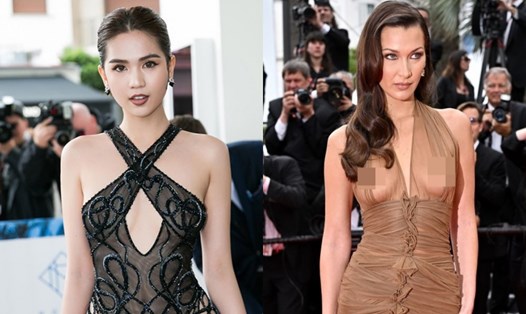 Ngọc Trinh và Bella Hadid đều gây chú ý tại Cannes vì mặc váy xuyên thấu. Ảnh: Tony Đinh, Instagram.