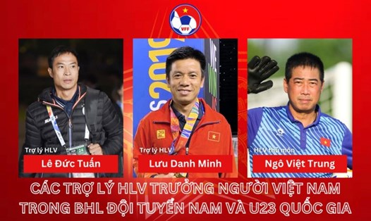 Các huấn luyện viên Lê Đức Tuấn, Lưu Danh Minh và Ngô Việt Trung (từ trái qua) được bổ nhiệm làm trợ lý ban huấn luyện đội tuyển Việt Nam và U23 Quốc gia. Ảnh: VFF