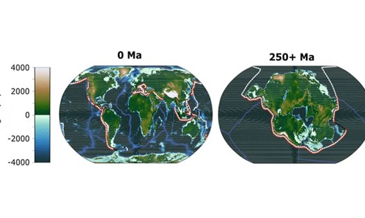 Dữ liệu địa lý Trái đất ngày nay (trái) và địa lý Trái đất 250 triệu năm sau nếu tất cả các lục địa hội tụ thành một siêu lục địa (phải). Ảnh: Đại học Bristol