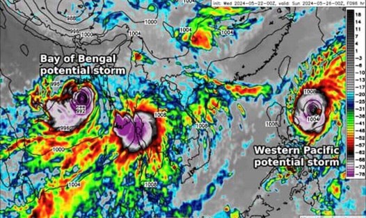 Ảnh mô phỏng 2 cơn bão nhiệt đới ở gần Philippines và Vịnh Bengal. Ảnh: weathernerds.org
