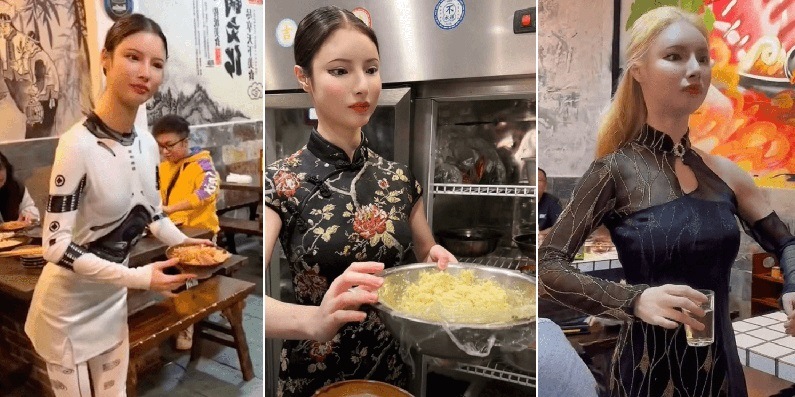 Chủ nhà hàng Trung Quốc với vẻ ngoài giống robot. Ảnh: Douyin