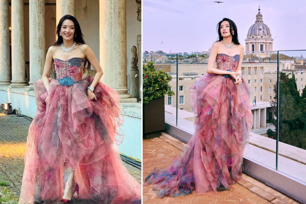 Chiếc váy Haute Couture của thương hiệu Armani Privé cũng làm tôn lên nhan sắc vượt thời gian của mỹ nhân gốc Đài Loan. Dù đứng cạnh những gương mặt sắc sảo như Anne Hathaway hay Priyanka Chopra thì Thư Kỳ không hề kém cạnh. Ảnh: Weibo.