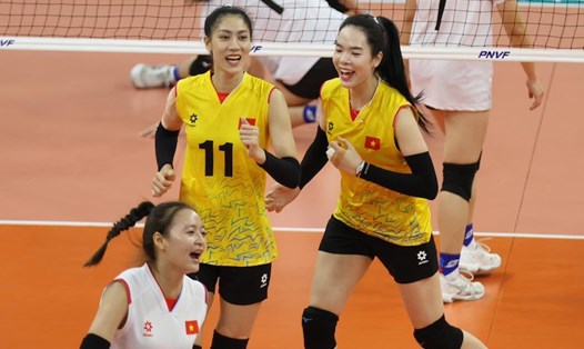 Tuyển bóng chuyền nữ Việt Nam gặp Kazakhstan tại lượt trận thứ 3 vòng bảng AVC Challenge Cup 2024. Ảnh: AVC