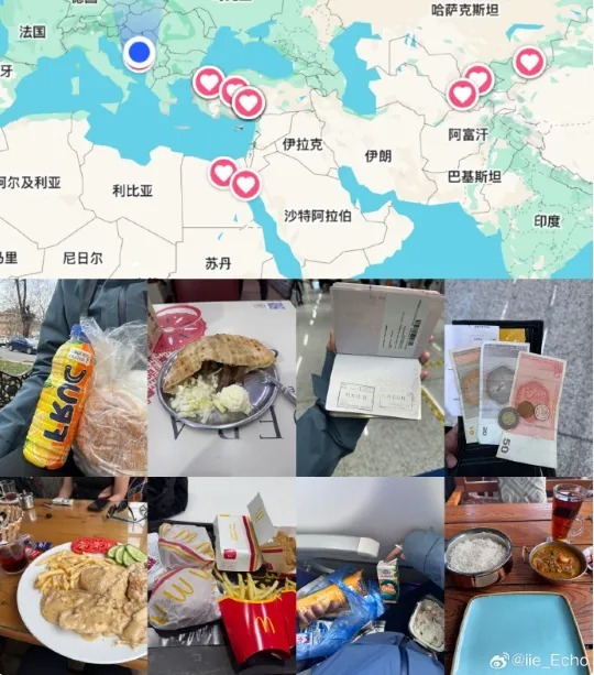 Hộ chiếu, bản đồ check-in và những bữa ăn của Li trong hành trình phượt 7 nước. Ảnh: The Paper