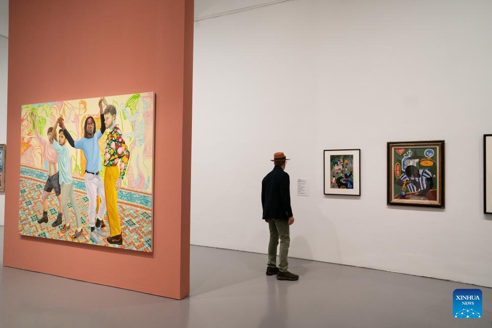 Một du khách ngắm nhìn các tác phẩm tranh tại một cuộc triển lãm tổ chức ở Bảo tàng Hirshhorn, thủ đô Washington D.C, Mỹ, ngày 5.4.2024. Ảnh: Xinhua