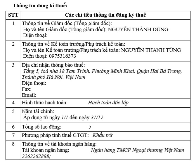 Theo thông tin đăng ký thuế, tổng số lao động của Thiên Khôi Group là 5 người. Ảnh chụp màn hình