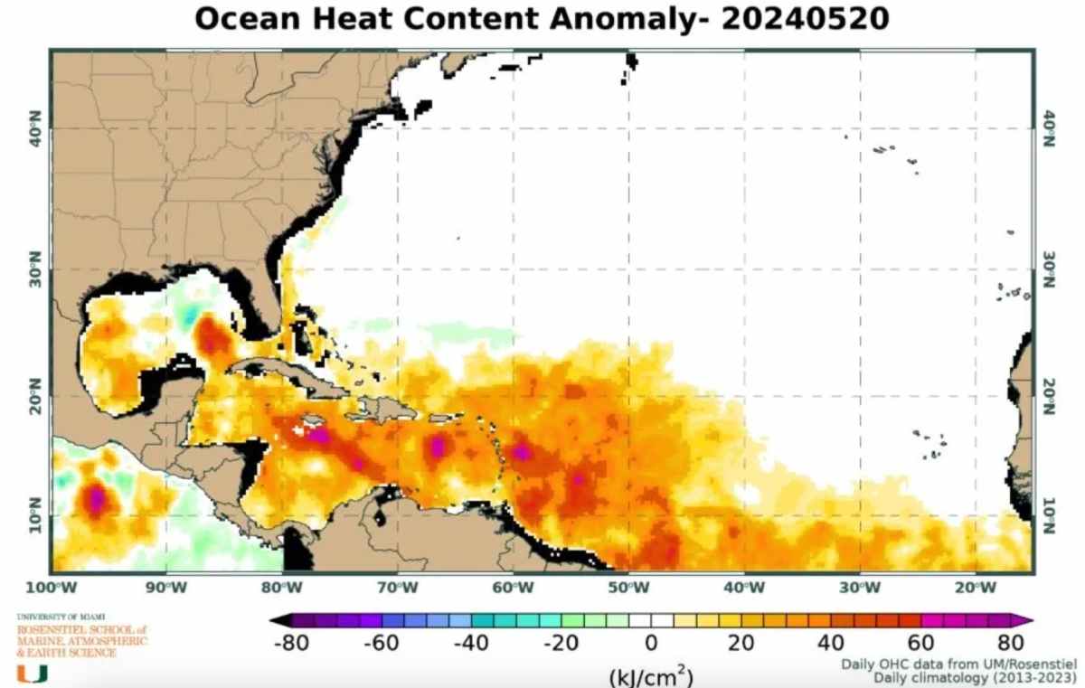 Sự bất thường về nhiệt độ ở Đại Tây Dương tính đến ngày 20.5.2024. Ảnh: Đại học Miami