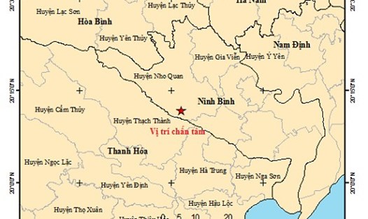 Bản đồ tâm chấn động đất ở huyện Nho Quan, Ninh Bình. Nguồn: Viện Vật lý địa cầu.