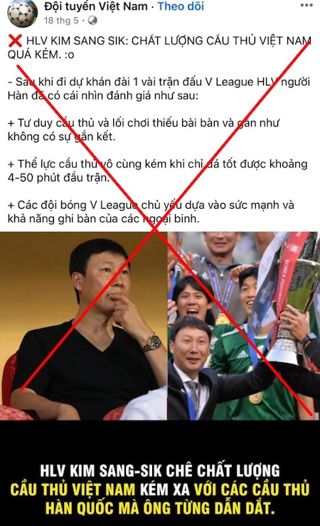 Nhiều trang mạng xã hội bịa đặt phát ngôn của huấn luyện viên Kim sang-sik. Ảnh:Chụp màn hình