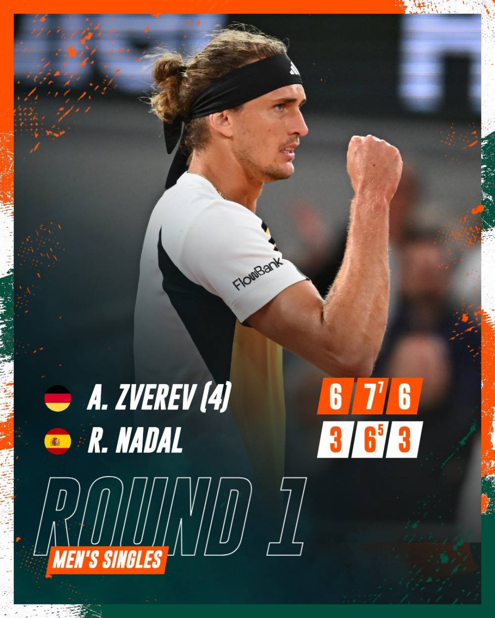 Tay vợt người Đức thắng 3 set sau 3 giờ 6 phút. Ảnh: Roland Garros