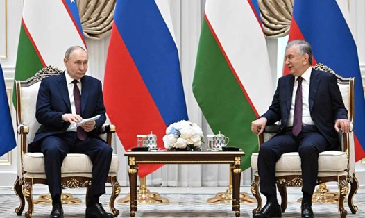 Tổng thống Uzbekistan Shavkat Mirziyoyev tiếp Tổng thống Nga Vladimir Putin ngày 27.5.2024. Ảnh: Sputnik