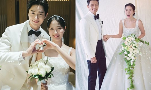 Trang phục cưới trên phim của Kim Hye Yoon, Byun Woo Seok có nhiều điểm tương đồng với vợ chồng Hyun Bin, Son Ye Jin. Ảnh: Nhà sản xuất, Instagram