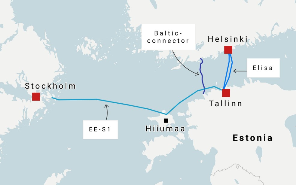 Đường ống dẫn khí đốt Balticconnector và các tuyến cáp dữ liệu dưới biển EE-S1 và Elisa. Ảnh chụp màn hình: ERR News/Datawrapper/TeleGeography