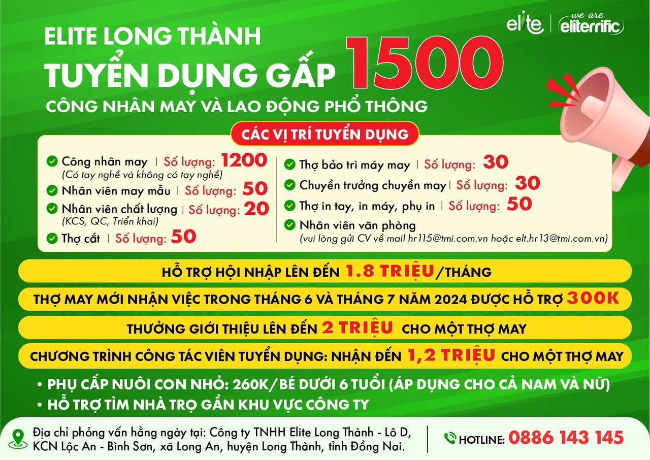 Công ty TNHH Elite Long Thành tuyển 1.500 công nhân. Ảnh: HAC