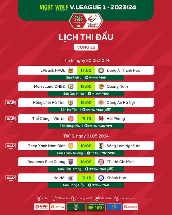 Lịch thi đấu vòng 22 V.League 2023-2024. Ảnh: VPF