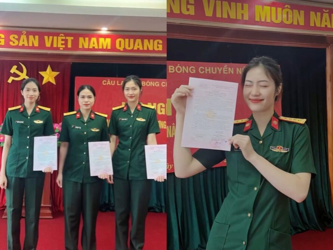 Phụ công Việt Hương nhận quyết định thăng cấp quân hàm. Ảnh cắt từ video
