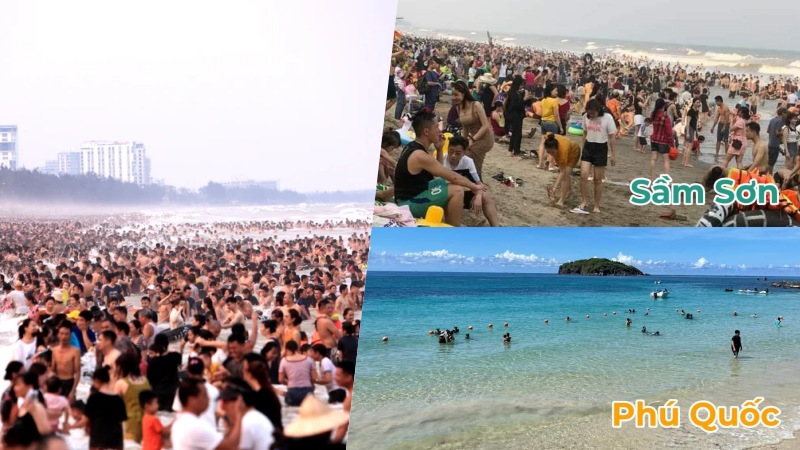 Sự khác biệt quá lớn ở hai bãi biển dịp nghỉ lễ. Ảnh: Đặng Trung.