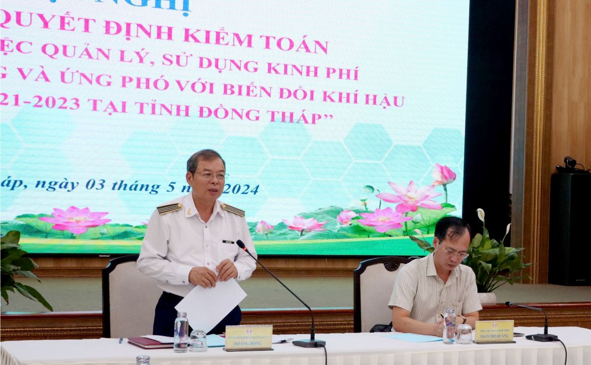 Ông Hoàng Bổng – Kiểm toán trưởng Kiểm toán Nhà nước khu vực IX phát biểu tại Hội nghị. Ảnh: Ánh Nguyệt