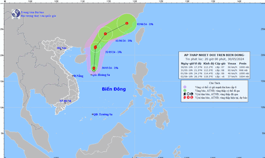 Vị trí và đường đi của áp thấp nhiệt đới cập nhật lúc 20h ngày 30.5. Ảnh: Trung tâm Dự báo Khí tượng Thủy văn Quốc gia