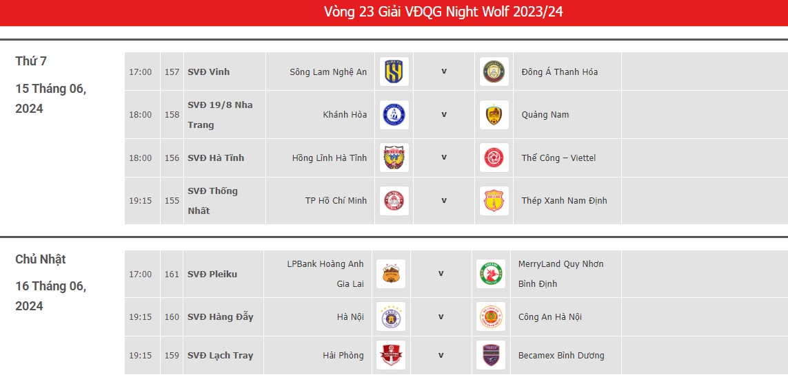 Lịch thi đấu vòng 23 Night Wolf V.League 2023-2024. Ảnh: Chụp màn hình