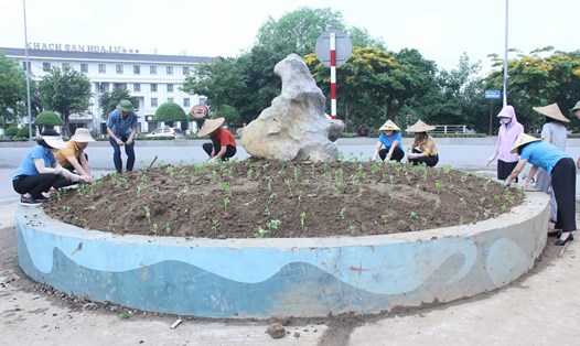 Hàng chục cán bộ thuộc LĐLĐ tỉnh Ninh Bình và LĐLĐ thành phố Ninh Bình tham gia trồng hoa tạo cảnh quan môi trường "xanh - sạch - đẹp" cho đô thị Ninh Bình. Ảnh: Nguyễn Trường