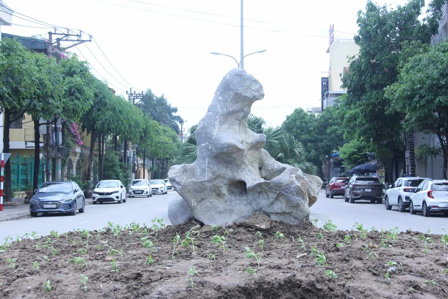 Ngoài việc trồng hoa, tại khu vực đầu đường Đào Duy Từ, LĐLĐ thành phố Ninh Bình đã dựng một khối đá tự nhiên hình gấu trúc. Ảnh: Nguyễn Trường